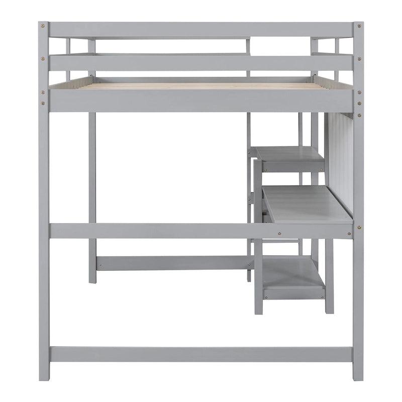 Cama alta matrimonial con escritorio, estantes de 3 niveles y tablero para escribir, cama de madera con escalera y barandillas de seguridad