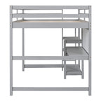Cama alta matrimonial con escritorio, estantes de 3 niveles y tablero para escribir, cama de madera con escalera y barandillas de seguridad