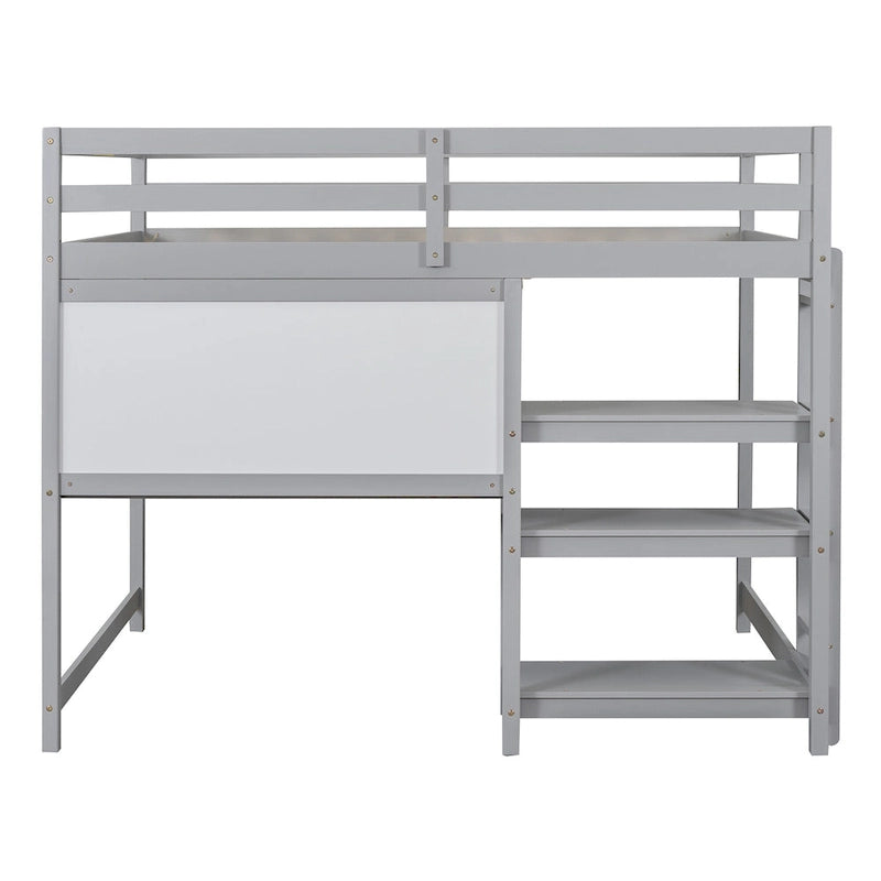 Cama alta matrimonial con escritorio, estantes de 3 niveles y tablero para escribir, cama de madera con escalera y barandillas de seguridad