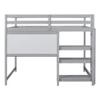 Cama alta matrimonial con escritorio, estantes de 3 niveles y tablero para escribir, cama de madera con escalera y barandillas de seguridad