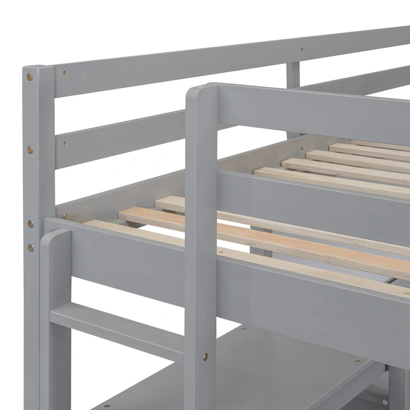 Cama alta matrimonial con escritorio, estantes de 3 niveles y tablero para escribir, cama de madera con escalera y barandillas de seguridad