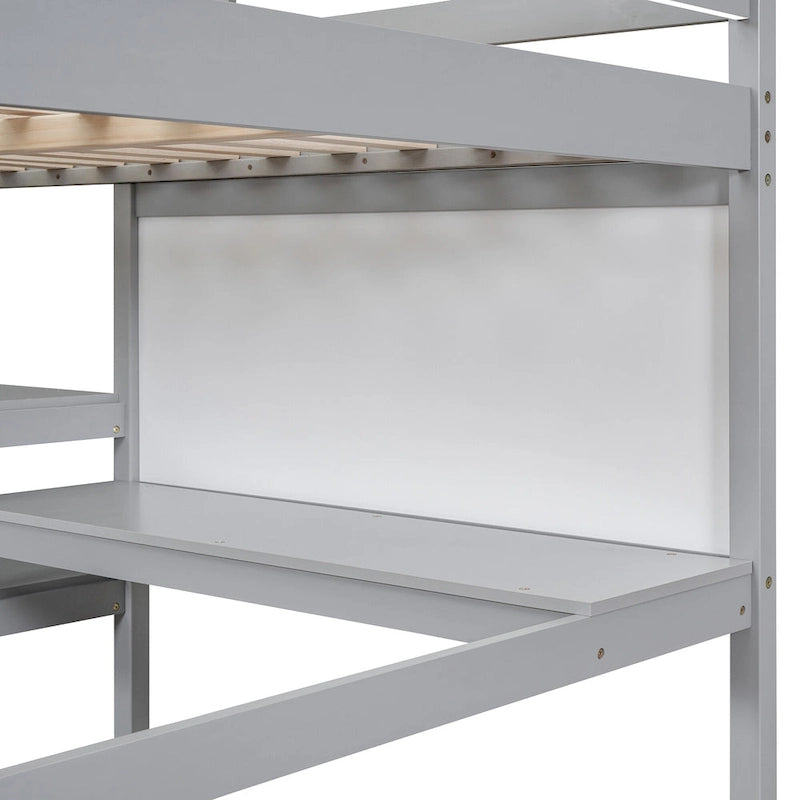 Cama alta matrimonial con escritorio, estantes de 3 niveles y tablero para escribir, cama de madera con escalera y barandillas de seguridad