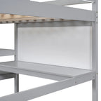 Cama alta matrimonial con escritorio, estantes de 3 niveles y tablero para escribir, cama de madera con escalera y barandillas de seguridad