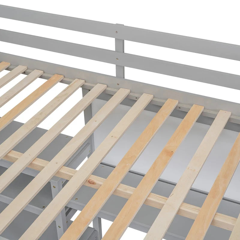 Cama alta matrimonial con escritorio, estantes de 3 niveles y tablero para escribir, cama de madera con escalera y barandillas de seguridad