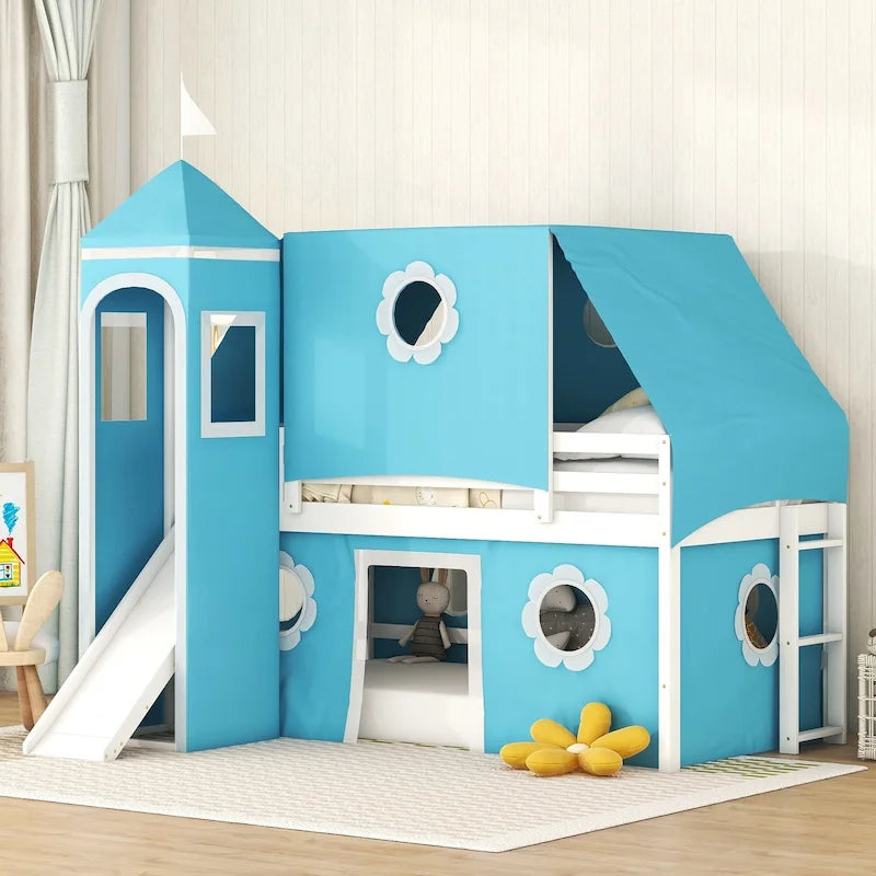 Cama Alta con Tobogán, Carpa y Torre de Madera Maciza para Niños | Dormitorio Divertido