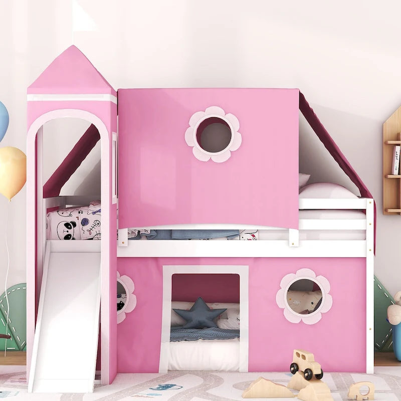Cama Alta con Tobogán, Carpa y Torre de Madera Maciza para Niños | Dormitorio Divertido