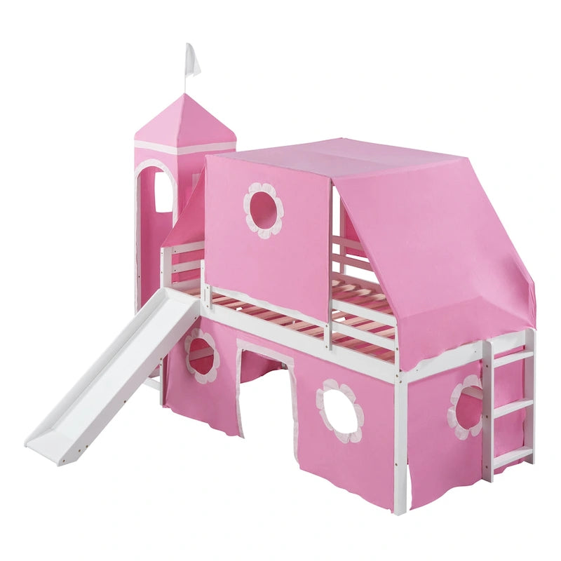 Cama Alta con Tobogán, Carpa y Torre de Madera Maciza para Niños | Dormitorio Divertido