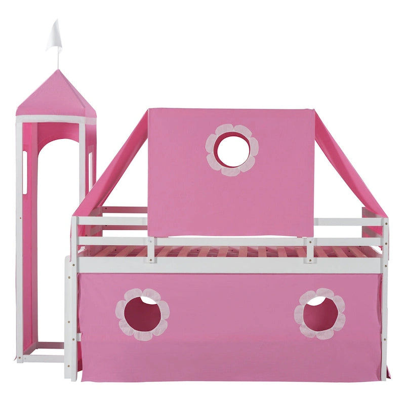 Cama Alta con Tobogán, Carpa y Torre de Madera Maciza para Niños | Dormitorio Divertido