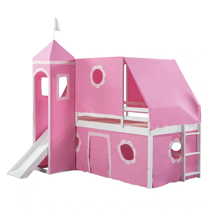 Cama Alta con Tobogán, Carpa y Torre de Madera Maciza para Niños | Dormitorio Divertido