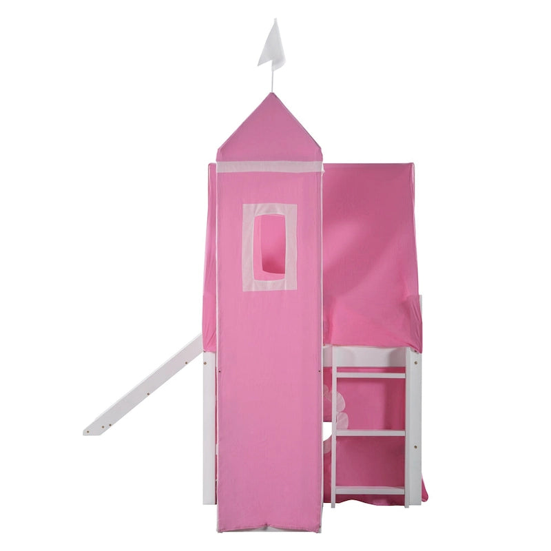 Cama Alta con Tobogán, Carpa y Torre de Madera Maciza para Niños | Dormitorio Divertido