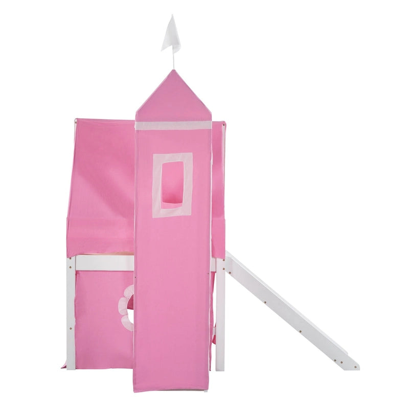 Cama Alta con Tobogán, Carpa y Torre de Madera Maciza para Niños | Dormitorio Divertido