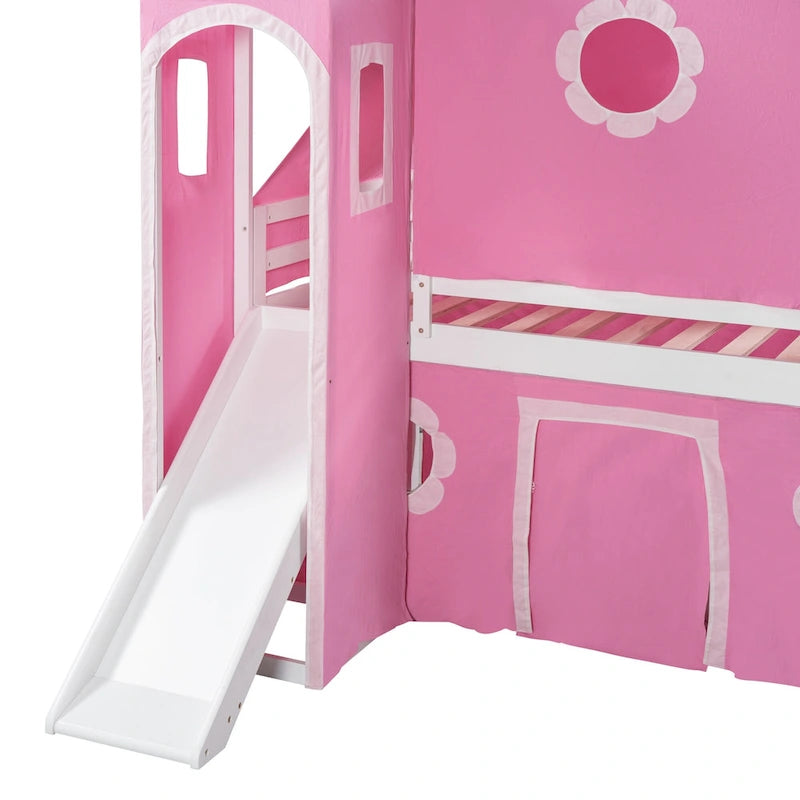 Cama Alta con Tobogán, Carpa y Torre de Madera Maciza para Niños | Dormitorio Divertido