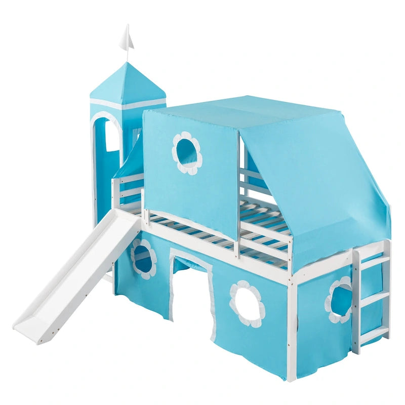 Cama Alta con Tobogán, Carpa y Torre de Madera Maciza para Niños | Dormitorio Divertido