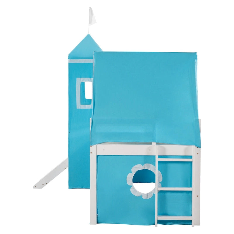 Cama Alta con Tobogán, Carpa y Torre de Madera Maciza para Niños | Dormitorio Divertido