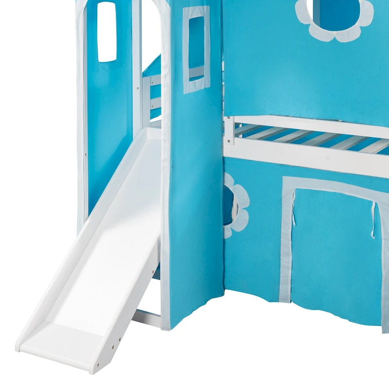 Cama Alta con Tobogán, Carpa y Torre de Madera Maciza para Niños | Dormitorio Divertido