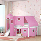 Cama Alta con Tobogán, Carpa y Torre de Madera Maciza para Niños | Dormitorio Divertido