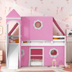 Cama Alta con Tobogán, Carpa y Torre de Madera Maciza para Niños | Dormitorio Divertido