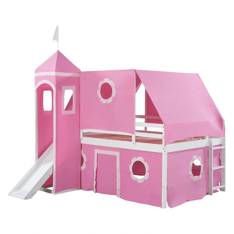 Cama Alta con Tobogán, Carpa y Torre de Madera Maciza para Niños | Dormitorio Divertido
