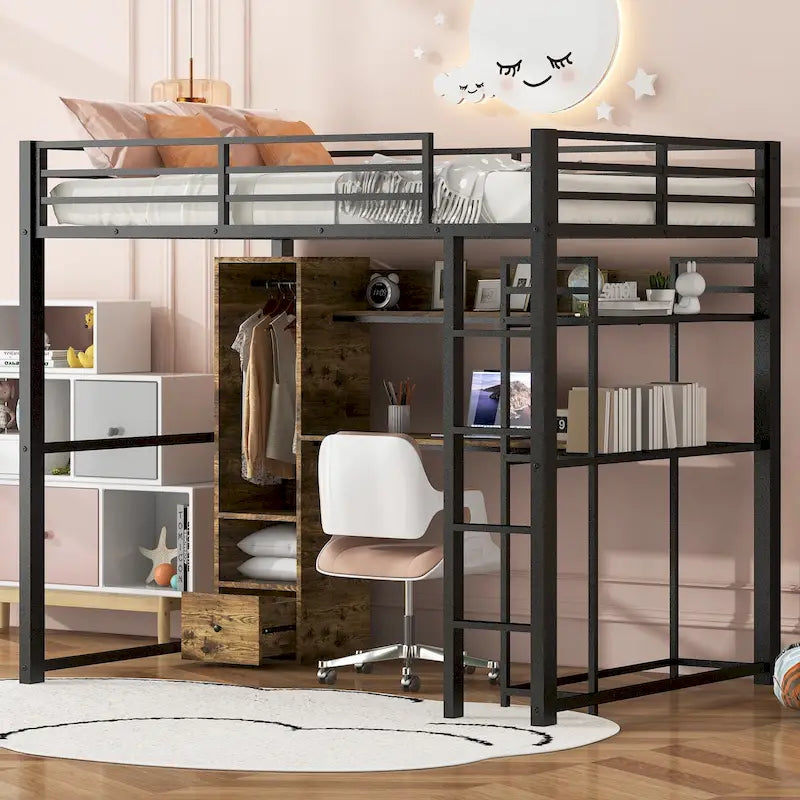 Cama alta de metal de tamaño completo con armario, cajones, escritorio y estantes integrados