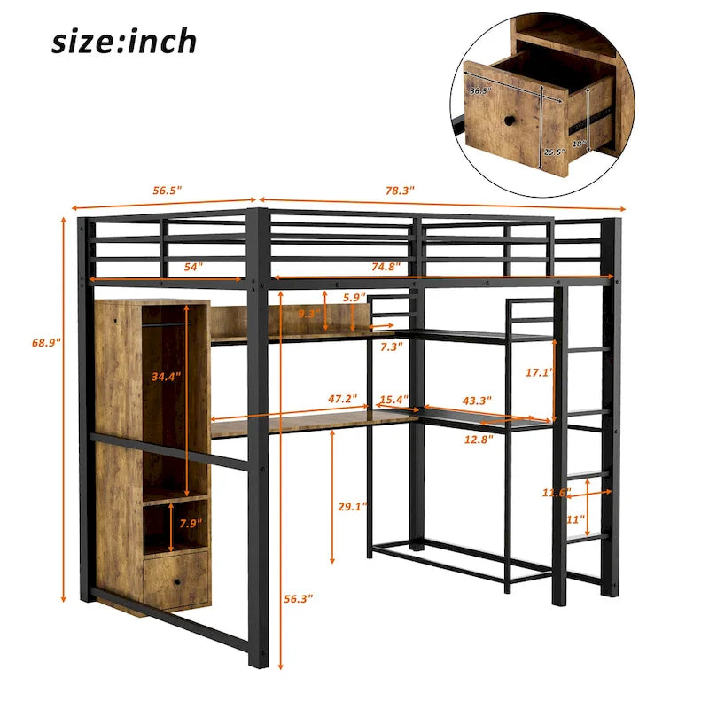 Cama alta de metal de tamaño completo con armario, cajones, escritorio y estantes integrados
