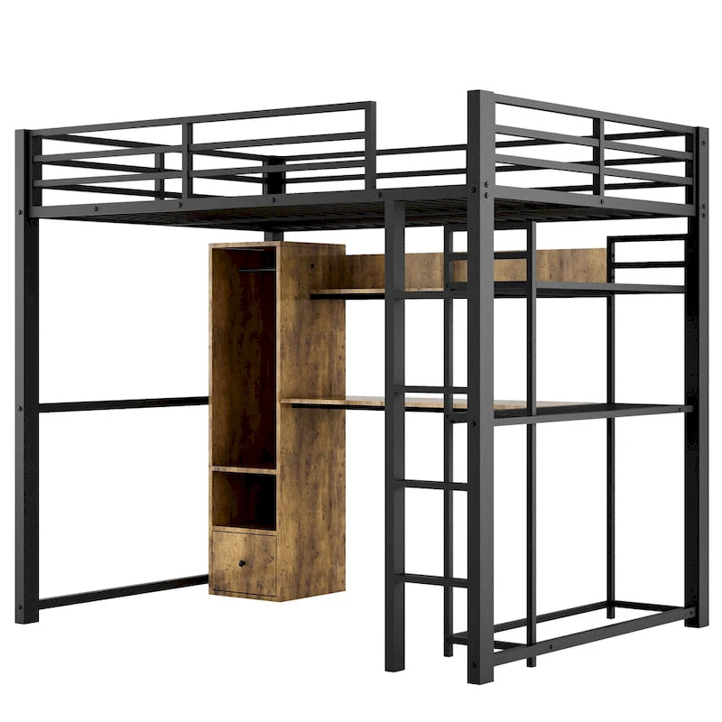 Cama alta de metal de tamaño completo con armario, cajones, escritorio y estantes integrados