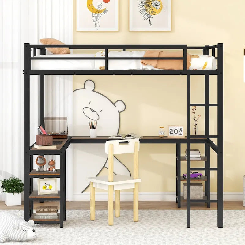 Cama alta metálica de tamaño matrimonial con escritorio en forma de L, estantes, escalera y barandillas