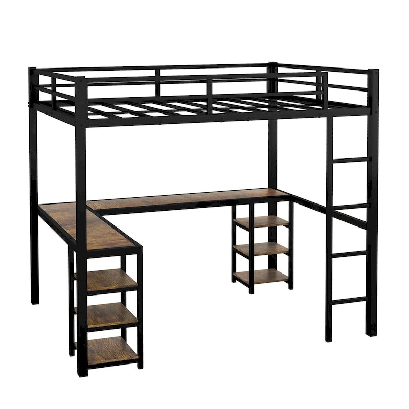Cama alta metálica de tamaño matrimonial con escritorio en forma de L, estantes, escalera y barandillas