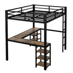 Cama alta metálica de tamaño matrimonial con escritorio en forma de L, estantes, escalera y barandillas
