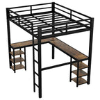 Cama alta metálica de tamaño matrimonial con escritorio en forma de L, estantes, escalera y barandillas