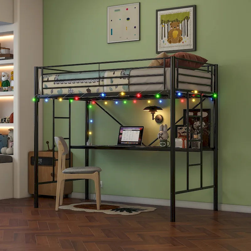 Cama Loft Metálica de Tamaño Doble con Escritorio e Iluminación LED | Muebles Modernos para Dormitorio