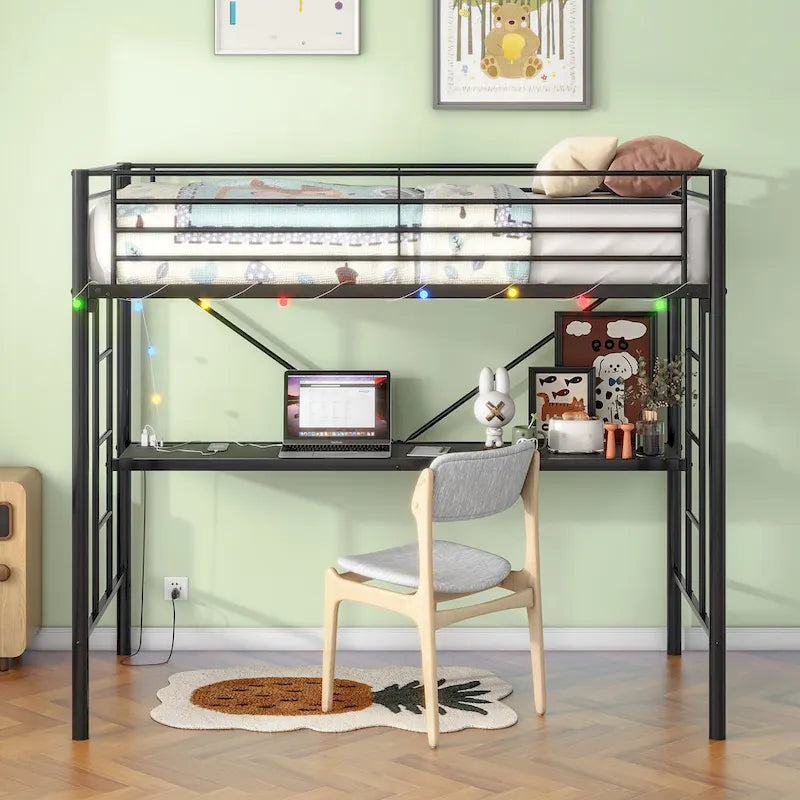 Cama Loft Metálica de Tamaño Doble con Escritorio e Iluminación LED | Muebles Modernos para Dormitorio