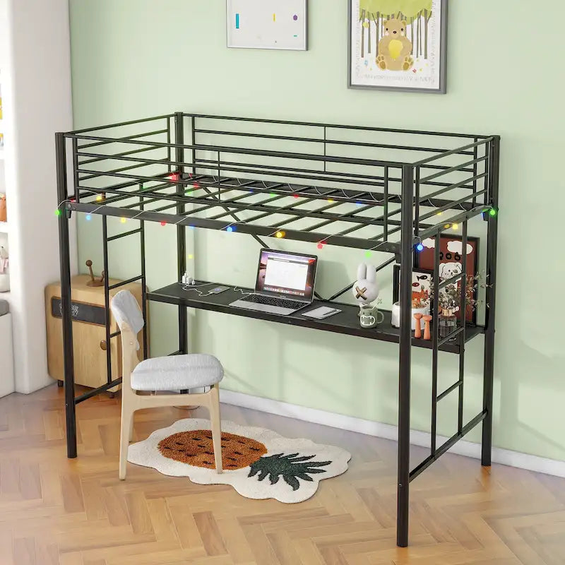 Cama Loft Metálica de Tamaño Doble con Escritorio e Iluminación LED | Muebles Modernos para Dormitorio