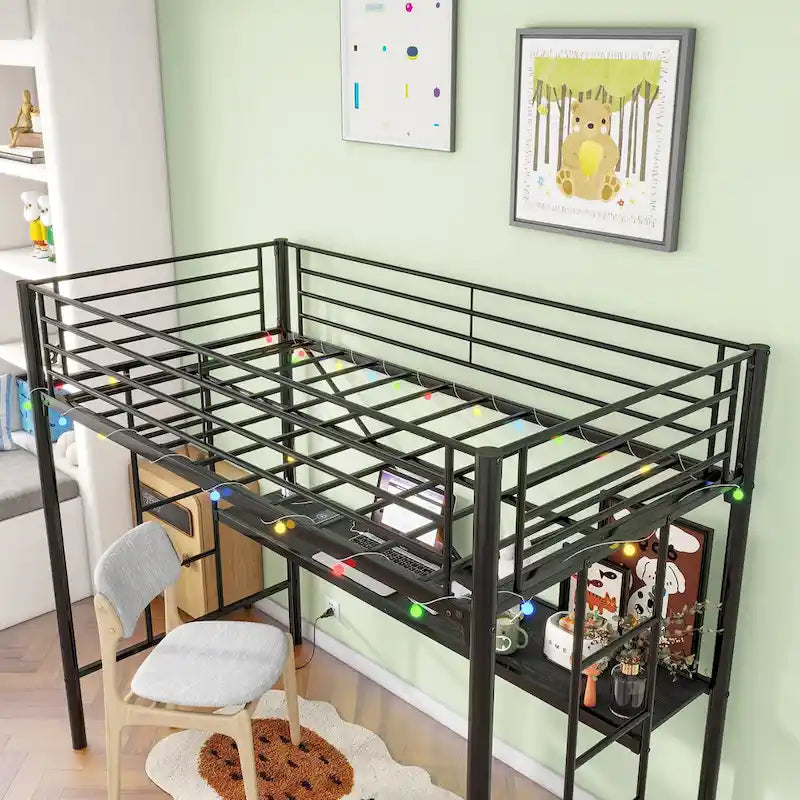 Cama Loft Metálica de Tamaño Doble con Escritorio e Iluminación LED | Muebles Modernos para Dormitorio