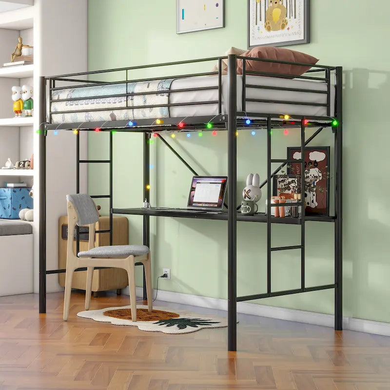 Cama Loft Metálica de Tamaño Doble con Escritorio e Iluminación LED | Muebles Modernos para Dormitorio