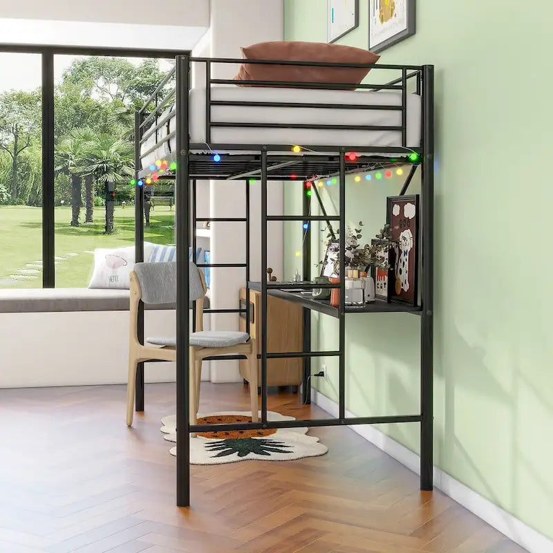 Cama Loft Metálica de Tamaño Doble con Escritorio e Iluminación LED | Muebles Modernos para Dormitorio