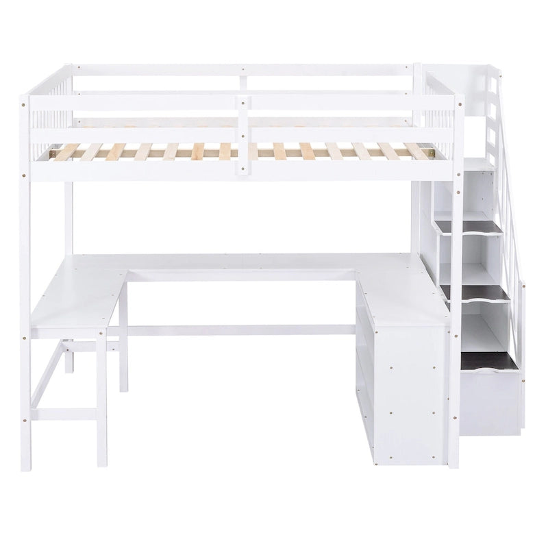 Cama alta de madera de pino de tamaño completo con escritorio en forma de L, estantes de 3 niveles y escalera de almacenamiento