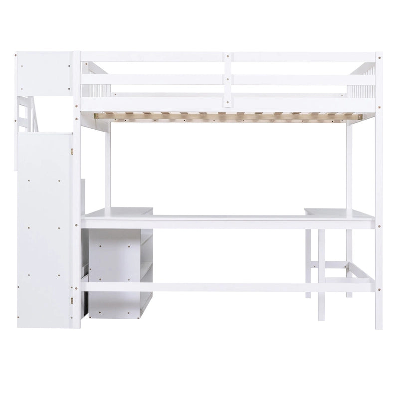 Cama alta de madera de pino de tamaño completo con escritorio en forma de L, estantes de 3 niveles y escalera de almacenamiento