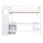 Cama alta de madera de pino de tamaño completo con escritorio en forma de L, estantes de 3 niveles y escalera de almacenamiento