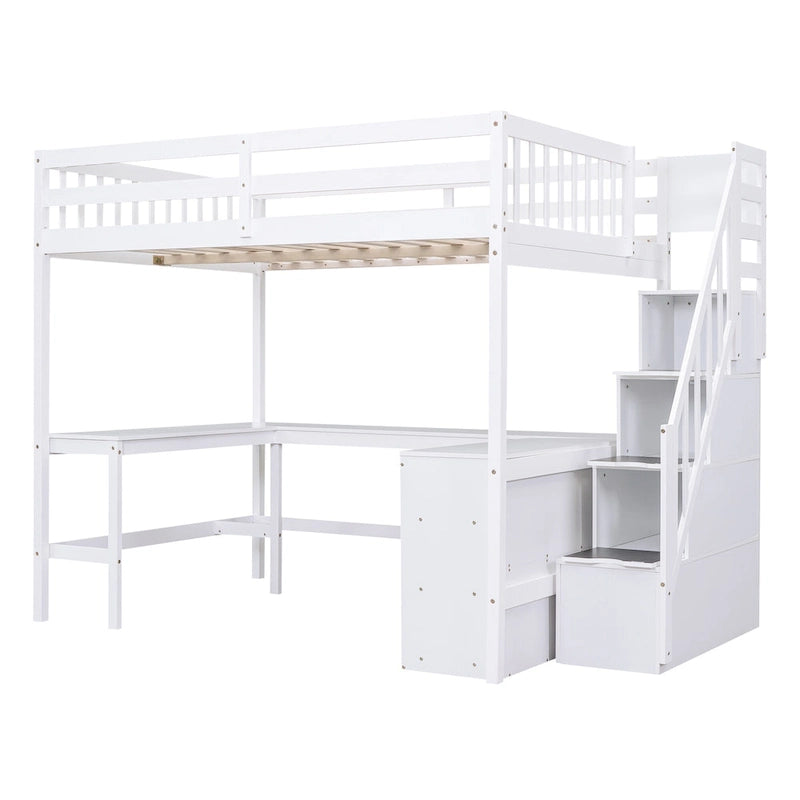 Cama alta de madera de pino de tamaño completo con escritorio en forma de L, estantes de 3 niveles y escalera de almacenamiento