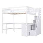 Cama alta de madera de pino de tamaño completo con escritorio en forma de L, estantes de 3 niveles y escalera de almacenamiento