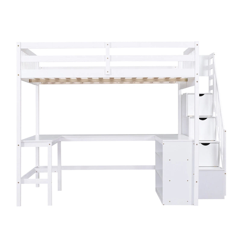 Cama alta de madera de pino de tamaño completo con escritorio en forma de L, estantes de 3 niveles y escalera de almacenamiento
