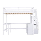 Cama alta de madera de pino de tamaño completo con escritorio en forma de L, estantes de 3 niveles y escalera de almacenamiento