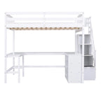 Cama alta de madera de pino de tamaño completo con escritorio en forma de L, estantes de 3 niveles y escalera de almacenamiento