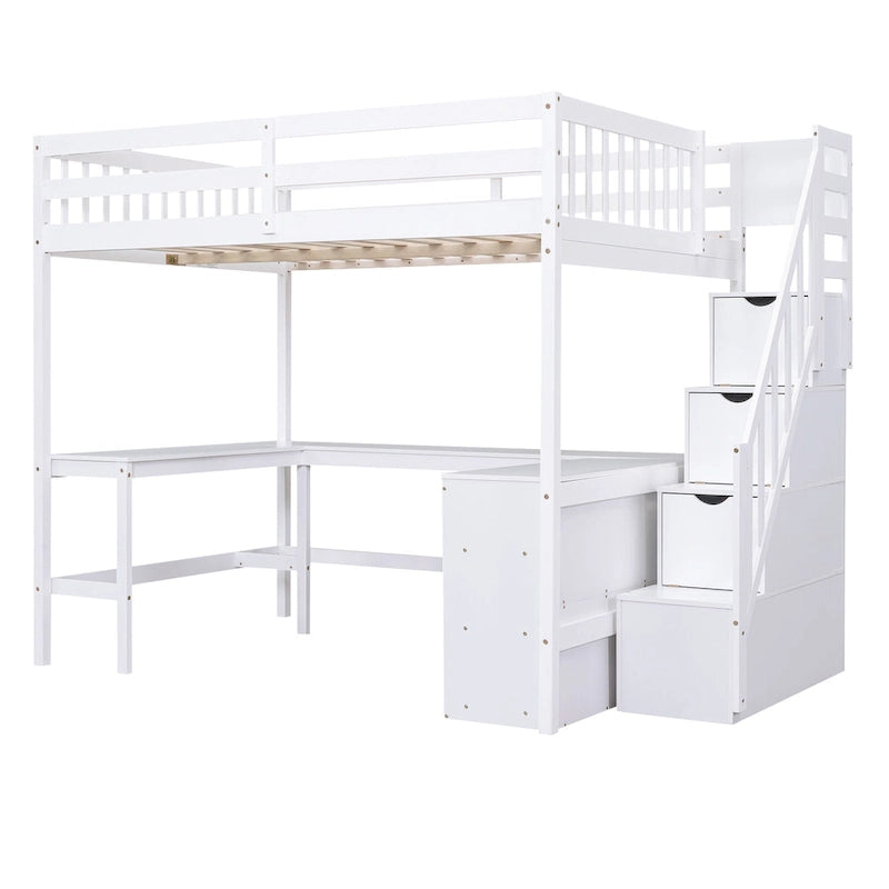 Cama alta de madera de pino de tamaño completo con escritorio en forma de L, estantes de 3 niveles y escalera de almacenamiento
