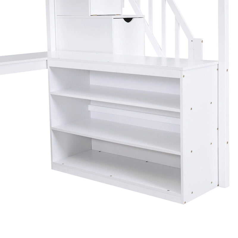 Cama alta de madera de pino de tamaño completo con escritorio en forma de L, estantes de 3 niveles y escalera de almacenamiento