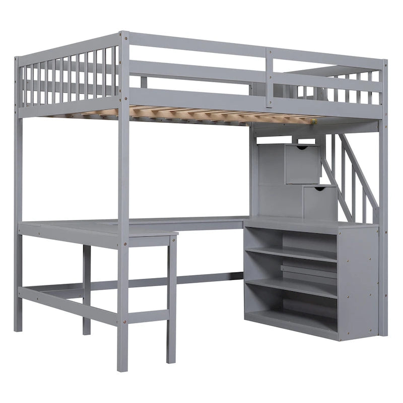 Cama alta de madera de pino de tamaño completo con escritorio en forma de L, estantes de 3 niveles y escalera de almacenamiento