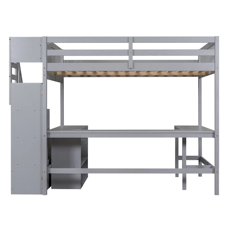 Cama alta de madera de pino de tamaño completo con escritorio en forma de L, estantes de 3 niveles y escalera de almacenamiento