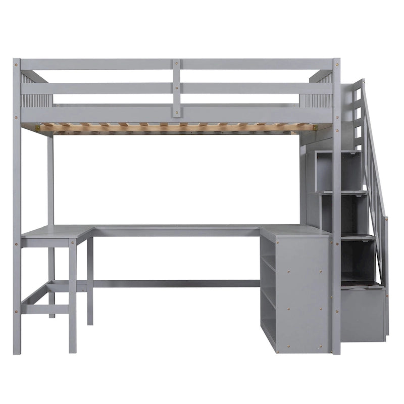 Cama alta de madera de pino de tamaño completo con escritorio en forma de L, estantes de 3 niveles y escalera de almacenamiento