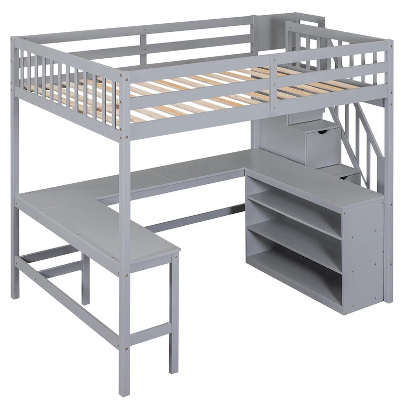 Cama alta de madera de pino de tamaño completo con escritorio en forma de L, estantes de 3 niveles y escalera de almacenamiento