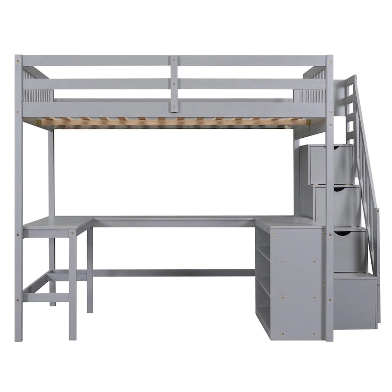 Cama alta de madera de pino de tamaño completo con escritorio en forma de L, estantes de 3 niveles y escalera de almacenamiento